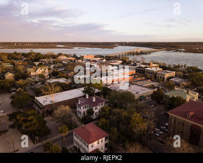 Aerial view of historic district of Beaufort, South Carolina at the golden hour. Stock Photo