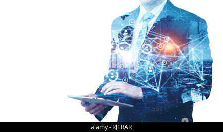 Close of businessman holding tablet pc and presenting connection concept. 3d rendering Stock Photo