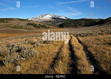 WYOMING - The Glen Creek Trail traversing a sage covered meadow below Terrace Mountain with Clagett Butte in the distance; Yellowstone National Park. Stock Photo