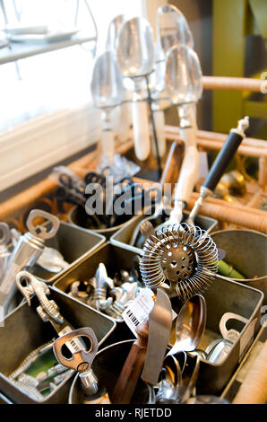 Kitchen items and assorted cookware is displayed at Franklin Cruise, a gift shop on cruise street in Corinth, Mississippi. Stock Photo