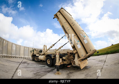 A Terminal High Altitude Area Defense (THAAD) sits in position at Andersen Air Force Base, Guam, Feb. 5, 2019. (Army photo by Capt. Adan Cazarez) Stock Photo