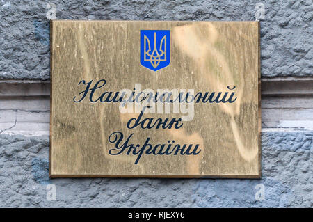 Kyiv, Ukraine - March 1, 2014: Sign on the building of the National Bank of Ukraine in Kiev. Stock Photo