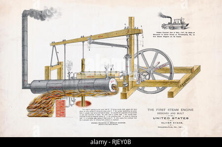 The first steam engine designed and built in the United States, by Oliver Evans, of Philadelphia, Pa., 1801 (printed/published ca. 1893) Stock Photo