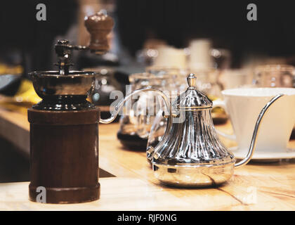 Vintage Grinder Manual Coffee Bean in coffee shop, Coffee drip Stock Photo