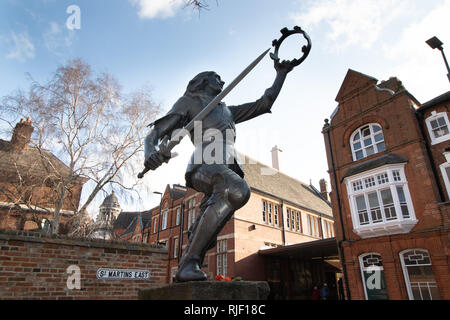 A bronze statue depicting Richard III, commissioned by the Richard III Society in 1980 stands outside the Visitor Centre near the Cathedral. Stock Photo