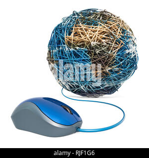 Computer mouse with Earth Globe from lan cable. Global Network concept. 3D rendering isolated on white background Stock Photo
