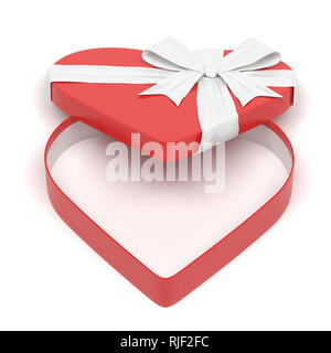 Red gift box in heart shape. Open empty container decorated with white ribbon bow. 3D illustration Stock Photo