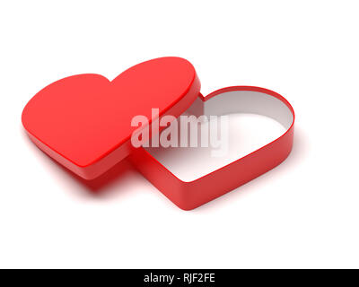 Red gift box in heart shape. Open empty container 3D illustration Stock Photo