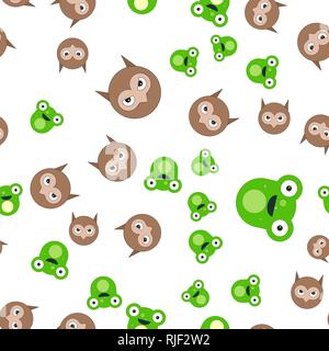 Seamless pattern of the head of a frog and owl. Vector illustration in cartoon style. Stock Vector