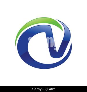 CV Letter Initials Blue Cricle Green Swoosh Vector Symbol Graphic Logo Design Template Stock Vector