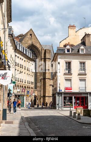 Rennes, France - July 23, 2018: Street in historic centre of the city with Saint Germain church on background Stock Photo