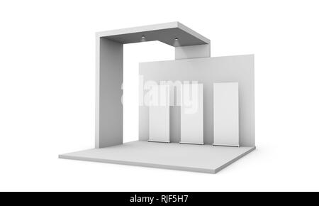 three roll-ups on 3d rendering isolated exhibition booth Stock Photo