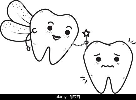 comic teeth couple with fairy kawaii characters Stock Vector