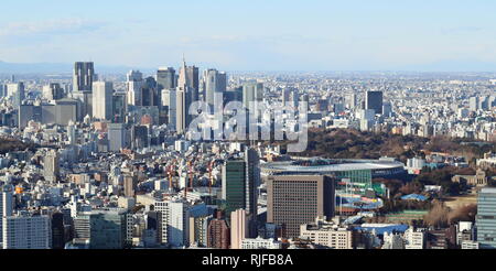 Tokyo's skyline seen from Roppongi Hills including the National Stadium being built for the 2020 Olympics and a group of skyscrapers in Shunjuku. Stock Photo