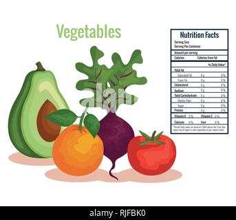 group of fruits and vegetables with nutrition facts Stock Vector