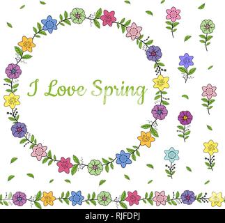 Colorful wreath from different spring flowers. Endless horizontal brush. Seamless horizontal border. Vector hand drawing illustration. Stock Vector