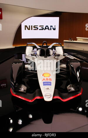 A Nissan Formula E racing car on display at the Nissan Crossing showroom in Ginza Place. Stock Photo