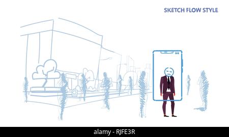 businessman standing out from crowd people silhouettes using mobile application tired mask face smartphone screen city street cityscape background Stock Vector
