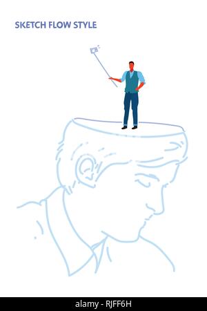 human open head businessman holding selfie stick taking picture on smartphone camera creative imagination idea concept sketch flow style vertical Stock Vector