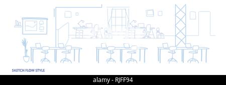 empty co-working office interior modern coworking open space center creative workplace environment horizontal banner sketch flow style Stock Vector