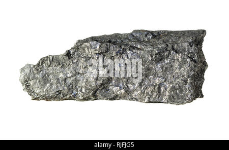 Macro shooting of natural mineral rock specimen - native Graphite stone isolated on white background from Ural Mountains, Russia Stock Photo