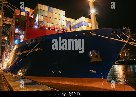 Antwerp. 5th Feb, 2019. Photo taken on Feb. 5, 2019 shows COSCO SHIPPING LIBRA at the Port of Antwerp in Belgium. China's 20,000 plus twenty-foot equivalent unit (TEU) container vessel COSCO SHIPPING LIBRA docked at the Port of Antwerp on Tuesday. Credit: Zhang Cheng/Xinhua/Alamy Live News Stock Photo