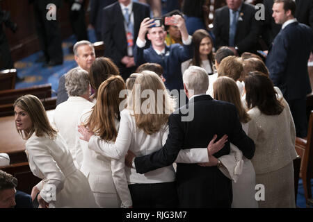 February 5, 2019 - Washington, District of Columbia, United States - House Majority Whip Steny Hoyer poses with Democratic women representatives dressed in white at the State of the Union address, February 5, 2019 (Credit Image: © Douglas Christian/ZUMA Wire) Stock Photo