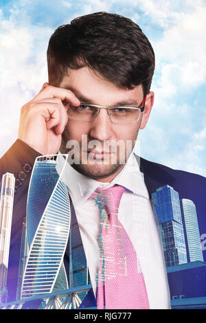 Double exposure of businessman and cityscape background. Stock Photo