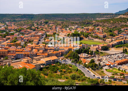 Bosa, Sardinia / Italy - 2018/08/13: Panoramic view of the town of Bosa and surrounding hills seen from Malaspina Castle hill