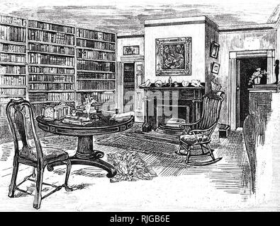 RALPH WALDO EMERSON (1803-1882) American poet and author. Engraving of his library at his home in Concord, Massachusetts. Stock Photo