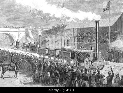 THE RAINHILL TRIALS, Lancashire,  October 1829. George Stephenson's Rocket is the only locomotive to complete the trials followed by the Sans Pareil and the Novelty Stock Photo