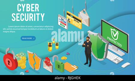Cyber Security Isometric Banner Stock Vector