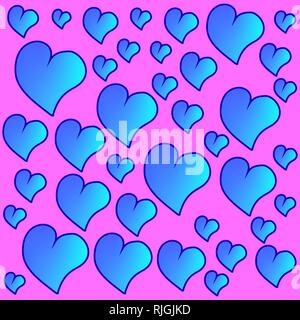 Funny blue seamless valentines pattern with cartoon gradient hearts. Stock Vector