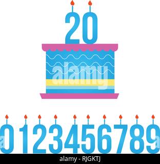 Happy Birthday Cake with Lit Candle, set of numbers. vector illustration isolated on white background Stock Vector