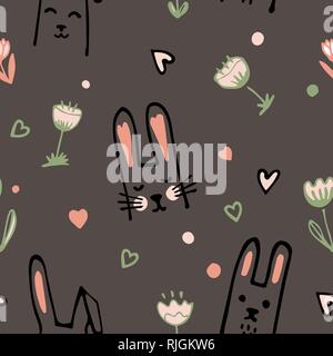 Cute Cartoon Baby Rabbit or Bunny and Flowers Seamless Pattern. Vector Illustration. Doodle Background for textile, clothing, or Easter Card. Stock Vector