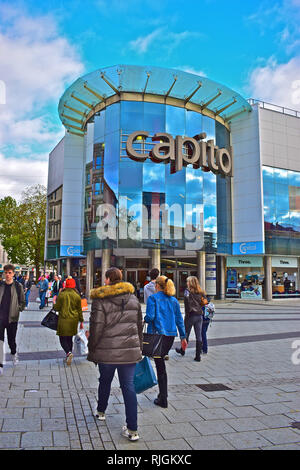 Capitol Shopping Centre is a modern multi-storey retail block in Queen Street in Cardiff City Centre. Stock Photo