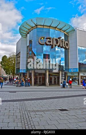 Capitol Shopping Centre is a modern multi-storey retail block in Queen Street in Cardiff City Centre. Stock Photo