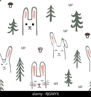 Seamless pattern with sweet bunnies and trees. Cartoon forest. Childish texture. Vector Illustration. Stock Vector