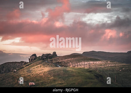 Pink sunset near the Tulm Bay on the Isle of Skye, Scotland Stock Photo