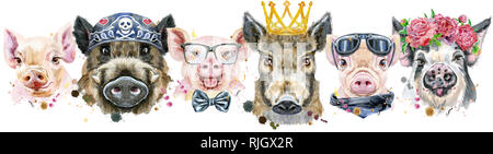 Cute border from watercolor portraits of pigs. Stock Photo