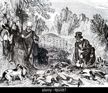 An engraving depicting duck decoying in the Lincolnshire fens: the mouth of the tunnel net. Wild duck would be lured into the mouth of a tunnel net covering a specially dug curving ditch or pipe. A dog was trained to drive the birds to the far end where the net narrowed and where they were caught and their necks wrung. Duck decoying was a common practice in the Lincolnshire fens and on the Norfolk Broads, and the majority of the birds were sent to the London market. Dated 19th century Stock Photo