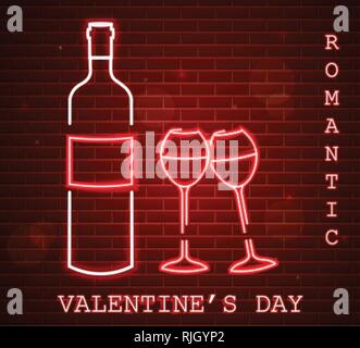 Neon Valentine day card with wine bottle and glasses Vector. Red romantic dinner symbol in neon light. Valentine day celebrate. Modern graphic brick b Stock Vector