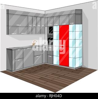 Kitchen design Vector. Flat style interior backgrounds. Red and grey color Stock Vector