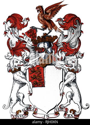 An engraving depicting the coat of arms of The Royal Institution of Great Britain. Dated 19th century Stock Photo