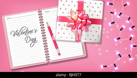Pink romantic card with gift box and garland Vector realistic. Celebrate love card. 3d detailed illustration Stock Vector