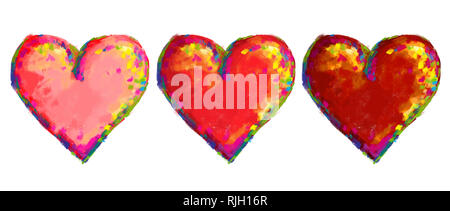 Multicolor illustration in brushwork style of three hearts in shades of red, pink color isolated on a white background. Stock Photo