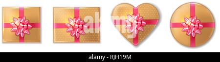 Golden giftbox set with pink bow Vector realistic. Product placement mock up. Design packaging 3d illustration Stock Vector