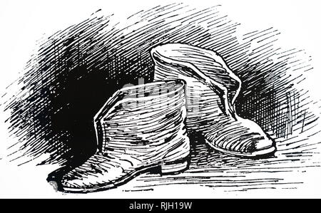 An engraving depicting leather safety boots provided for employees of C. T. Brock & Co's firework factory, South Norwood. These had no nails so that they could cause no spark. Dated 19th century Stock Photo