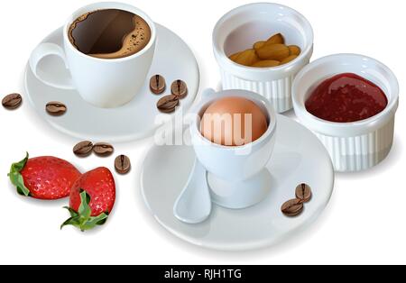 Breakfast coffee, egg, jam Vector realistic. 3d detailed menu template. Strawberry jam flavor. delicious desserts poster Stock Vector