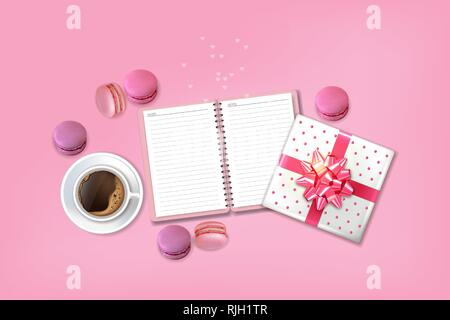 Breakfast coffee and macaroons Vector realistic. 3d detailed card menu template. delicious desserts posters Top view Stock Vector